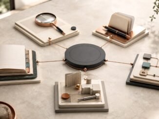 Five modular work tools connected to a central hub on a warm stone table, representing a practical AI operating system.