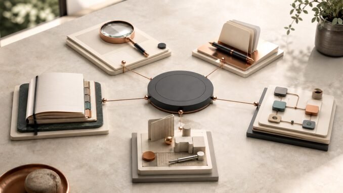 Five modular work tools connected to a central hub on a warm stone table, representing a practical AI operating system.