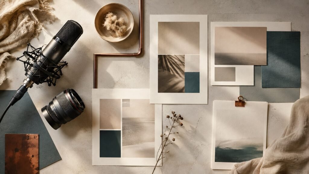 Overhead arrangement of a studio microphone, camera lens and cream editorial layouts with teal and copper accents.