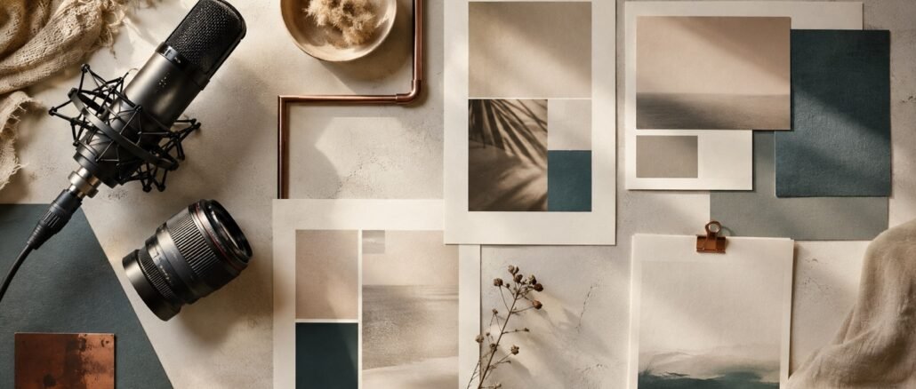 Overhead arrangement of a studio microphone, camera lens and cream editorial layouts with teal and copper accents.