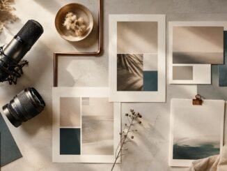 Overhead arrangement of a studio microphone, camera lens and cream editorial layouts with teal and copper accents.