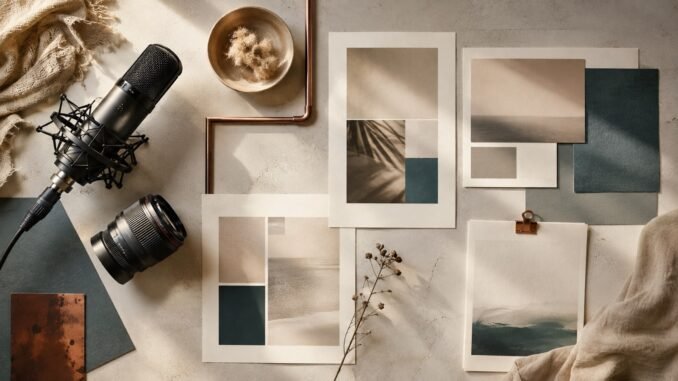 Overhead arrangement of a studio microphone, camera lens and cream editorial layouts with teal and copper accents.