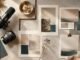Overhead arrangement of a studio microphone, camera lens and cream editorial layouts with teal and copper accents.