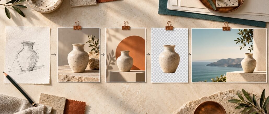 Overhead collage showing a hand-drawn vase sketch becoming several polished visual assets.