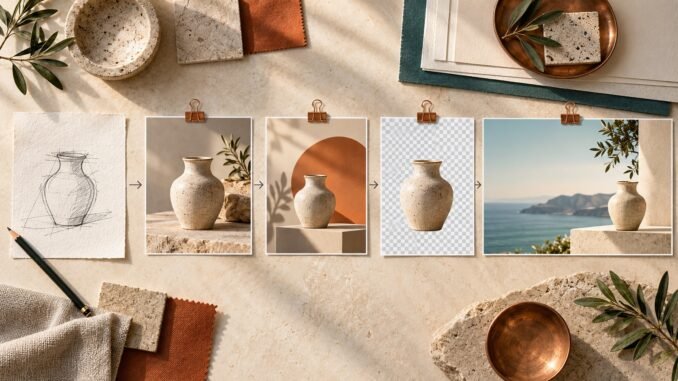 Overhead collage showing a hand-drawn vase sketch becoming several polished visual assets.