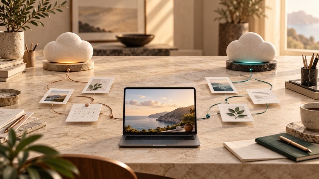Two parallel cloud-based work paths connect task cards to one finished digital asset on a warm stone desk.