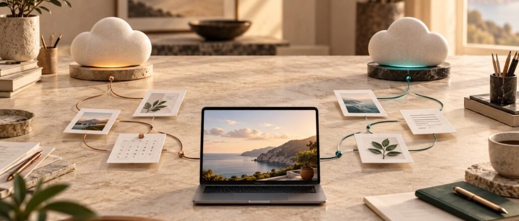 Two parallel cloud-based work paths connect task cards to one finished digital asset on a warm stone desk.