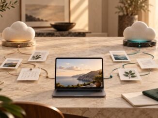 Two parallel cloud-based work paths connect task cards to one finished digital asset on a warm stone desk.