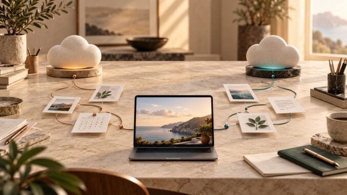 Two parallel cloud-based work paths connect task cards to one finished digital asset on a warm stone desk.