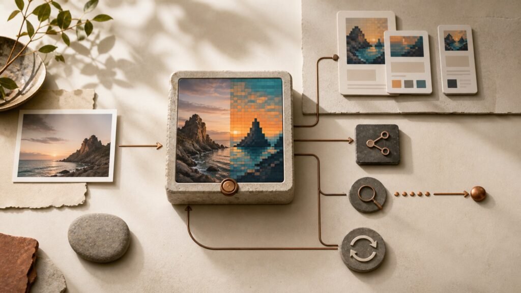 A photograph passing through a small creative tool and emerging as pixel art, with paths leading to sharing, search and renewal symbols.