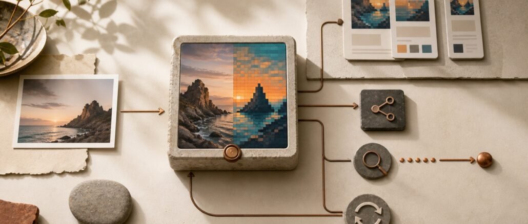 A photograph passing through a small creative tool and emerging as pixel art, with paths leading to sharing, search and renewal symbols.