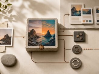 A photograph passing through a small creative tool and emerging as pixel art, with paths leading to sharing, search and renewal symbols.