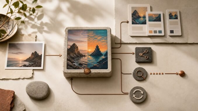 A photograph passing through a small creative tool and emerging as pixel art, with paths leading to sharing, search and renewal symbols.